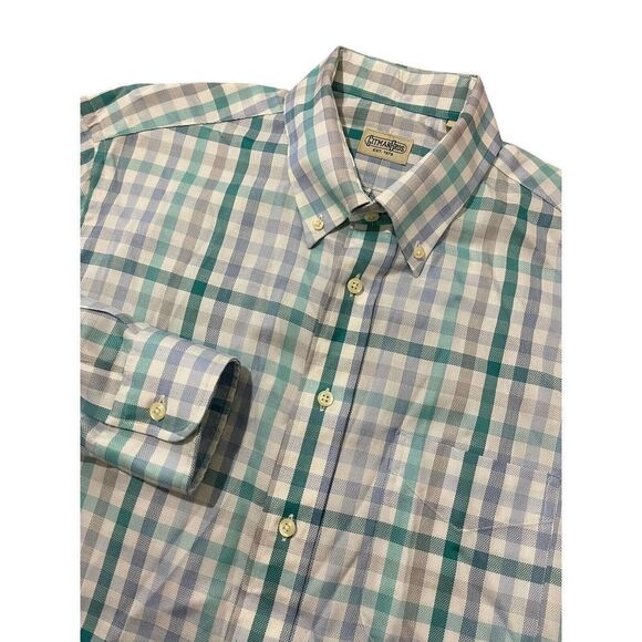 GITMAN BROS Men's Dress Shirt‎ White Gray Teal Plaid Cotton Size XL Made in USA - Picture 1 of 7
